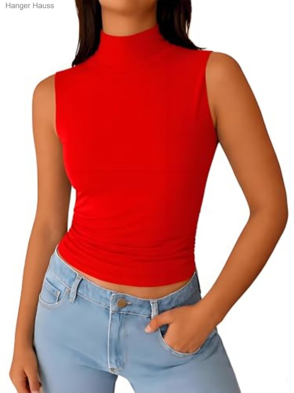 Mock Turtleneck Sleeveless Tank Top Double Lined Ruched Slim Fit Tee